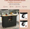 A black kitchen island with a wooden countertop is shown in a kitchen setting, with close-up diagrams of its wheels. Náhľad obrázku produktu