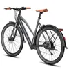A gray electric bicycle with a brown seat and handlebars is shown against a white background. Produktbild-Vorschau