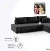 A black sectional sofa is shown with two children in a small inset image at the top right. Text and icons are present on the bottom left. Produktbild-Vorschau