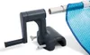 A close-up view of a pool cover roller mechanism and a section of a blue pool cover. Produktbild-Vorschau