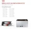A marketing image showing a list of compatible printers and a printer in the background. Produktbild-Vorschau