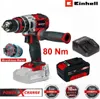 A product image showcasing a cordless drill, battery, and charger, along with marketing text and logos. Produktbild-Vorschau