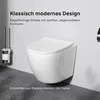 A modern wall-mounted toilet with a toilet brush holder next to it, displayed against a white wall and gray floor. Produktbild-Vorschau