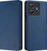 A blue leather flip wallet case for a smartphone, shown from the front and back. Produktbild-Vorschau