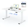 A white height-adjustable desk with a monitor, laptop, keyboard, mouse, and game controller on top. Diagrams of the desk's motors are shown below. A certificate is shown in the top right corner. Náhled obrázku produktu