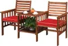 A wooden garden bench with red cushions and a small table with two cups and a plant. Náhled obrázku produktu