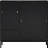 A black shoe cabinet with multiple compartments and a metal frame, shown from the front against a white background. Náhled obrázku produktu