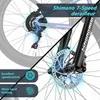Close-up view of a bicycle's rear derailleur and front disc brake system, with overlaid text highlighting features. Produktbild-Vorschau