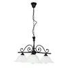 A black chandelier with three white glass shades, suspended by a chain against a white background. Produktbild-Vorschau