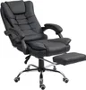 A black office chair with a footrest is shown against a white background.