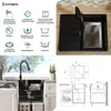 A collage of images showing a black kitchen sink, its features, dimensions, and installation context. Produktbild-Vorschau