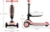 Two views of a pink and black Kinderkraft HALLEY 2-in-1 scooter with dimensions indicated by measurement lines and text. Produktbild-Vorschau