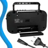 The back of a black portable radio is shown, with a power cord and plug in the foreground. Voir les images du produit