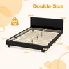 A black double bed frame with a slatted base, shown with dimensions and weight capacity indicated by text overlays. Náhled obrázku produktu