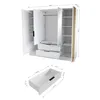 A 3D rendering of a white wardrobe with wooden accents, showing dimensions and details. Produktbild-Vorschau