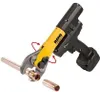 A cordless pipe pressing tool is shown in use, connecting a copper pipe to a fitting. Produktbild-Vorschau