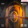 A split image comparing SDR and Dolby Vision display quality of an arched hallway with reflections in water. Produktbild-Vorschau