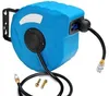 A blue retractable air hose reel mounted on a black bracket, with the hose extended and coiled on the floor. Náhled obrázku produktu