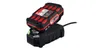 A black and red battery charger with a battery inserted, shown on a white background. Produktbild-Vorschau