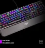 A close-up, angled view of a gaming keyboard with RGB lighting, set against a black background. Produktbild-Vorschau