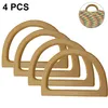 Four wooden D-shaped bag handles are arranged in a staggered formation against a white background. A small circular inset image in the upper right corner shows a colorful woven bag with a similar wooden handle. Produktbild-Vorschau