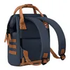 A navy blue backpack with brown leather accents is shown from the back. Produktbild-Vorschau