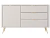 A beige sideboard with gold legs and handles, featuring a fluted design on the doors and drawers, set against a white background. Produktbild-Vorschau
