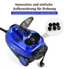 A blue steam cleaner with its lid open, showing internal storage for accessories. A close-up inset shows several small brush attachments. Voir les images du produit