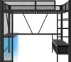 A black metal loft bed with a desk and shelves, shown from the side against a white background. Blue LED lighting is visible under one of the shelves. Produktbild-Vorschau