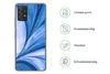 A product image showing a phone case with abstract blue and white design, accompanied by icons and text describing its features. Produktbild-Vorschau