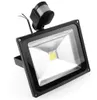 A black LED floodlight with a motion sensor on a white background. Produktbild-Vorschau