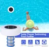 A person is relaxing in a swimming pool with a solar-powered pool purifier floating nearby. Náhled obrázku produktu