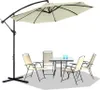 An outdoor patio set with a large cantilever umbrella and four chairs around a table. Voir les images du produit