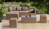 A patio furniture set arranged on a wooden deck in a garden setting. Produktbild-Vorschau