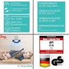 A collage of images promoting a tower fan, showing its features, specifications, and test results. One image shows a couple relaxing on a couch with the fan blowing air on them. Another section displays the fan's energy efficiency, power consumption, and n Produktbild-Vorschau