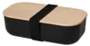 A black lunchbox with a wooden lid and a black elastic strap. Produktbild-Vorschau