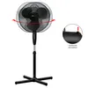 A black stand fan is shown against a white background, with an inset diagram highlighting its oscillation feature. Podgląd zdjęcia produktu
