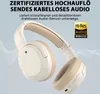 A close-up marketing image of white and beige Edifier headphones against a light gray background with abstract wavy lines. Produktbild-Vorschau