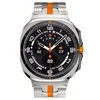 A close-up, front-facing view of a smartwatch with an orange and silver band and an orange and black watch face displaying various information. Náhled obrázku produktu