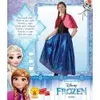 A marketing image for a Disney Frozen Anna costume, featuring a model wearing the costume and illustrations of Elsa and Anna. Produktbild-Vorschau