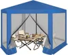 A blue hexagonal gazebo with mesh walls is set up, containing a table and chairs. Produktbild-Vorschau
