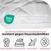 A close-up of a white quilted textile, likely a blanket or duvet, with marketing icons and text below. Produktbild-Vorschau