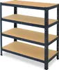 A four-shelf storage unit with particle board shelves and a dark gray metal frame, shown against a white background. Anteprima dell’immagine prodotto