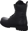 A black leather boot with laces and a white logo strip on the side. Voir les images du produit