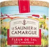 A tin of Fleur de Sel de Camargue with a scenic illustration of a coastal landscape with flamingos and a stork. Produktbild-Vorschau
