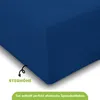 A close-up view of a dark blue fitted sheet, showing its texture and elastic edge. Produktbild-Vorschau