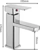 A silver-colored bathroom faucet with dimensions indicated by measurement lines and text. Podgląd zdjęcia produktu
