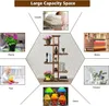 A collage of images showcasing different uses and items that can be stored on a multi-tiered wooden shelf unit. The central image shows the shelf unit itself, while surrounding images depict plants, books, towels, a baby playing with toys, and decorative l Produktbild-Vorschau
