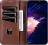 A brown leather wallet-style phone case with card slots and a phone screen displaying a colorful abstract wallpaper. Produktbild-Vorschau