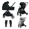 A collage of a black baby stroller with a bassinet attachment, a stroller seat attachment, and a rain cover. Produktbild-Vorschau